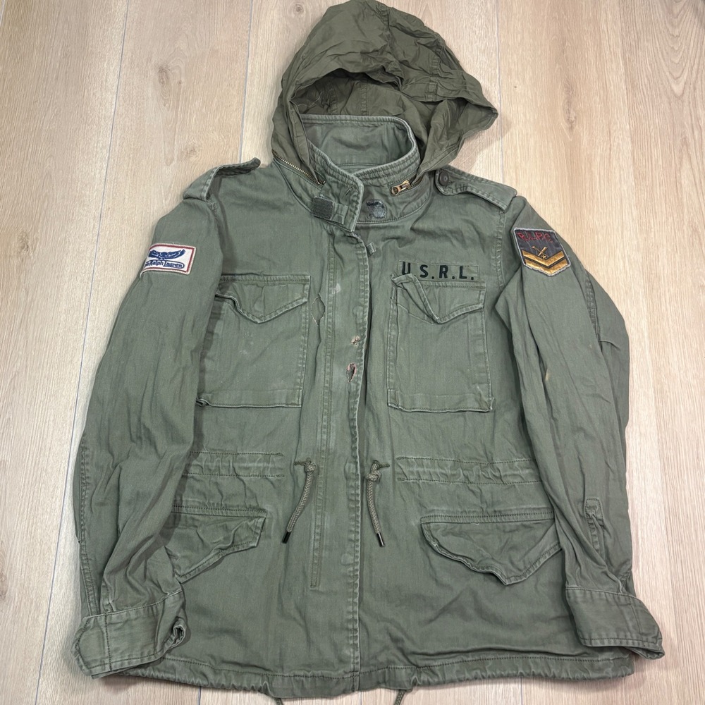 Polo Ralph Lauren Mens XL Distressed Military Field Jacket Olive Green USRL READ
